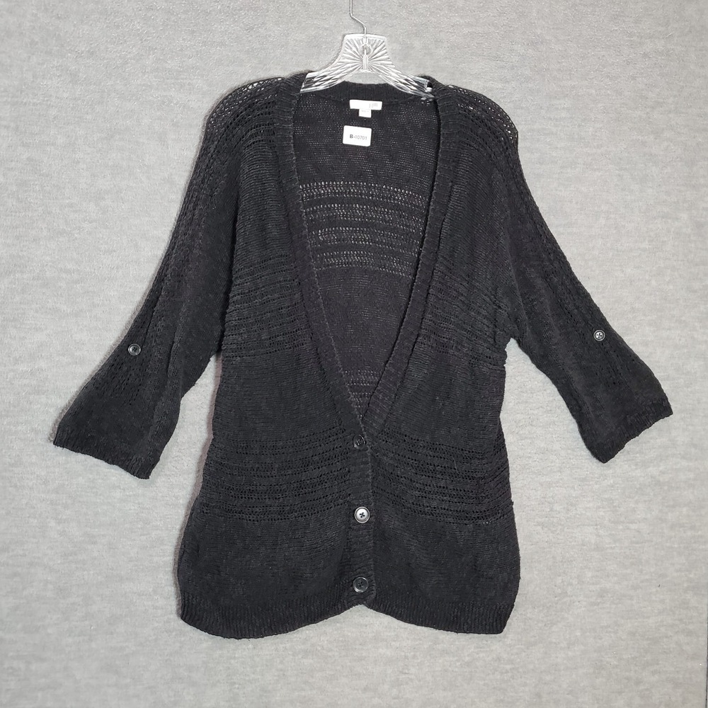 J Jill Women Sweater Large Black‎ Cardigan V Neck Roll Tab Sleeve Button Up